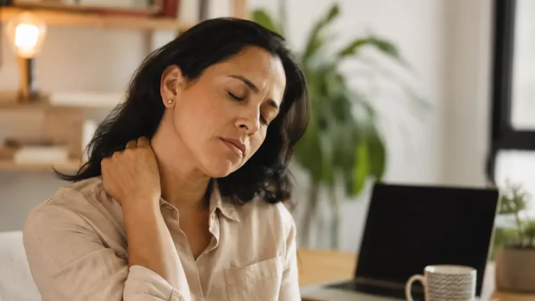 Mujer con tensión en el cuello por estrés acumulado en un espacio de trabajo tranquilo